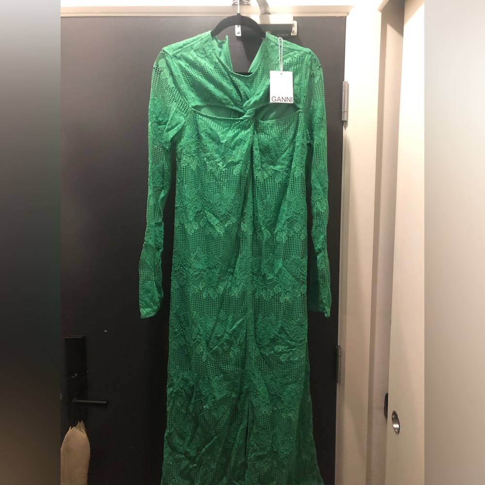 Ganni Emerald Green Lace Long-Sleeve Midi Dress